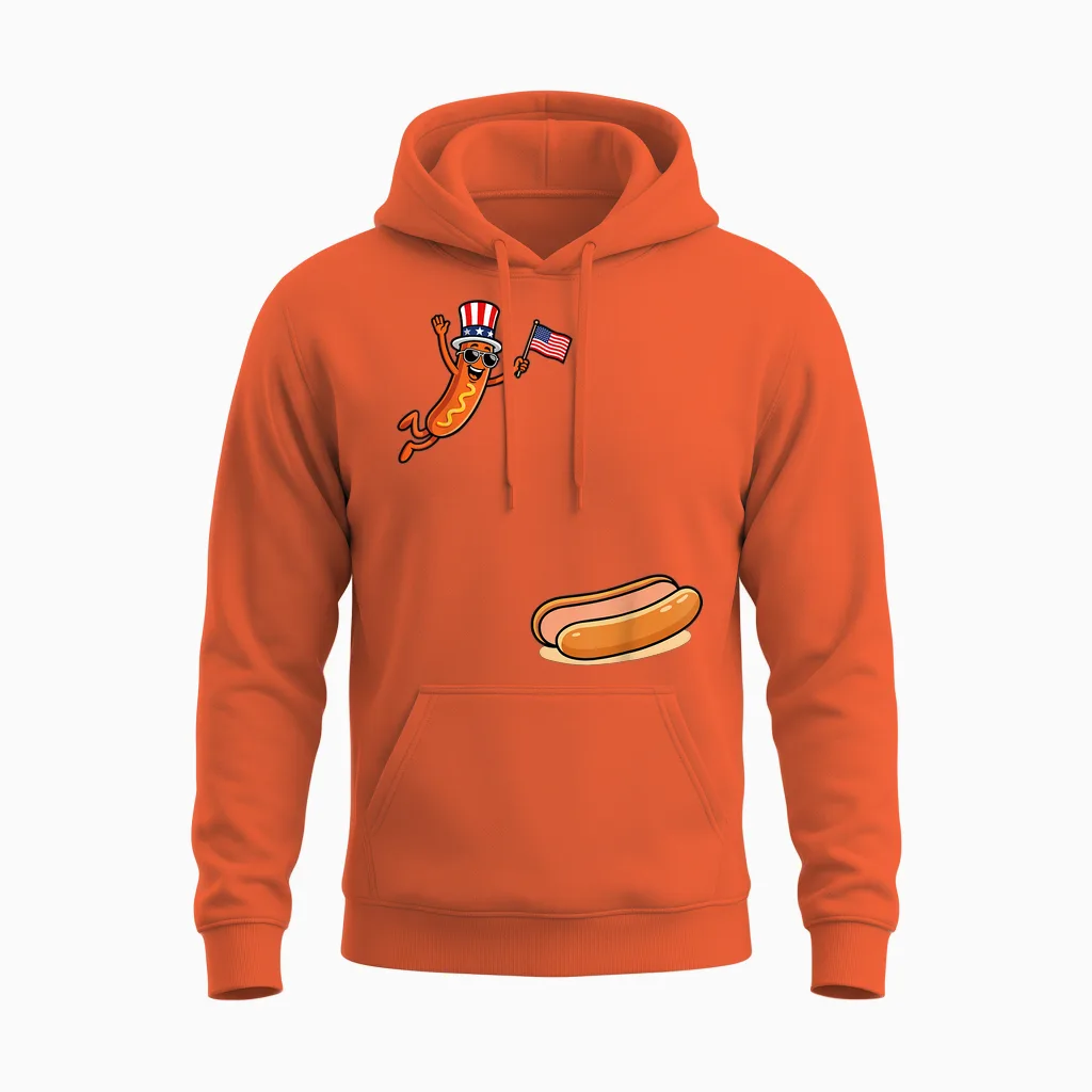 Hotdog Freedom Dive Funny Uncle Sam Hot Dog Jumping into Bun Unisex Hoodie in Orange