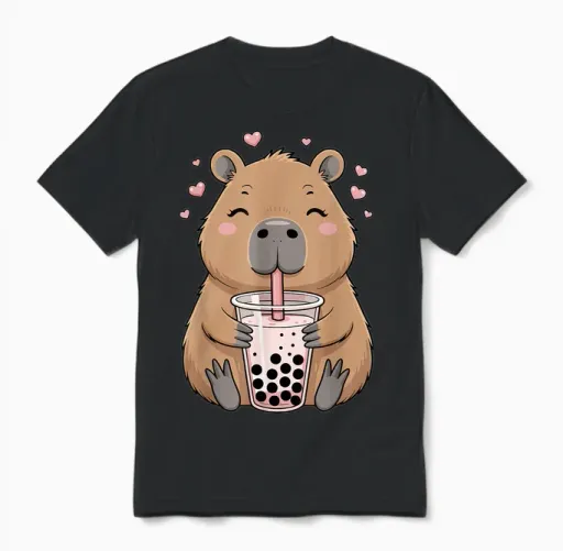 Lovely Bubble Tea Capybara for Girls, Kawaii Unisex T-Shirt in Black