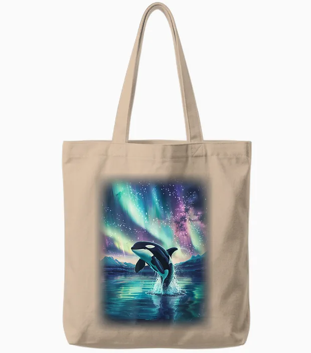 Orca T with a Northern Lights Orca T-Shirt, Black Tote Bags in Natural