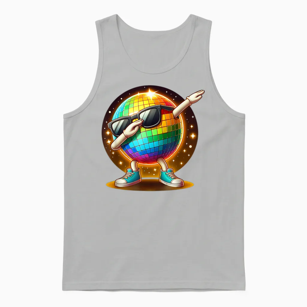 70s Disco Ball Dabbing Sunglasses Nightclub Dance Led Party T-Shirt, Black, S Unisex Tank Top in Ash