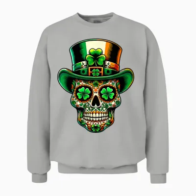 Ireland Sugar Skull Clover Irish St Patricks Day Costume T-Shirt, Black Unisex Sweatshirt - Ash