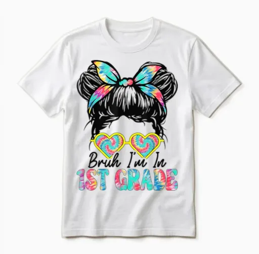 Bruh Im in 1st Grade Messy Bun First Day of School Girls Unisex T-Shirt in White
