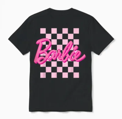 Barbie - Barbie Logo Checkered Background Short Sleeve T-Shirt for Women, Small Unisex T-Shirt - Black