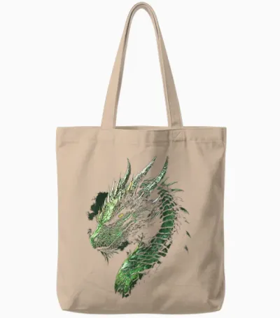Green Dragon Mythical Illustration Green Dragon T-Shirt, Black Tote Bags - Natural