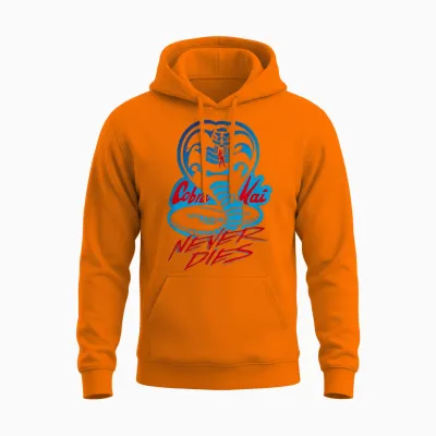 Cobra Kai Never Dies Blue and Red Cobra Logo Tv Show Unisex Hoodie - Safety Orange