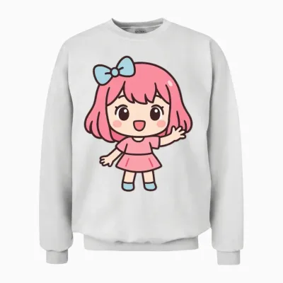 Pink Bow Kawaii Chibi Girl Unisex Sweatshirt - White