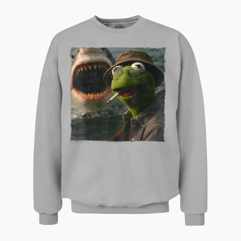 Funny Smoking Frog Meme Vintage Shark Attack Parody Unisex Sweatshirt in Ash