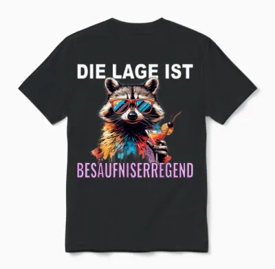 T-Shirt with German Text "die Lage Ist Besäufniserregend Raccoon, Black, S Unisex T-Shirt - Black