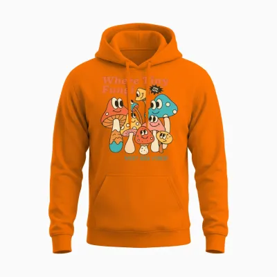 Cheerful Retro Mushrooms Unisex Hoodie - Safety Orange