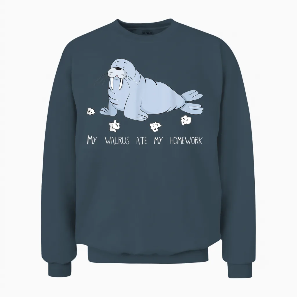 My Walrus Ate My Homework Niedlicher Witziger Walrus Unisex Sweatshirt in Dark Heather