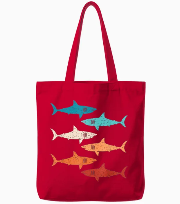 Retro Haifisch Hai Unterwasserlebewesen Ozean Damen Herren Tote Bags in Red