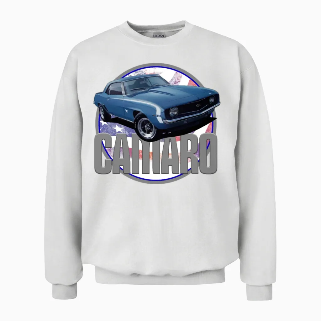 Bold Camaro in Blue Unisex Sweatshirt in White