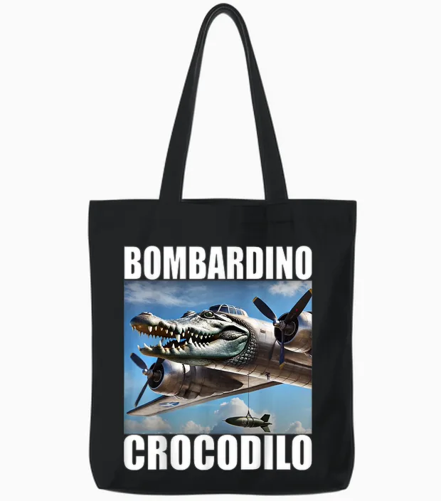 Meme Italiano Bombardino Crocodilo Brainrot Tote Bags in Black