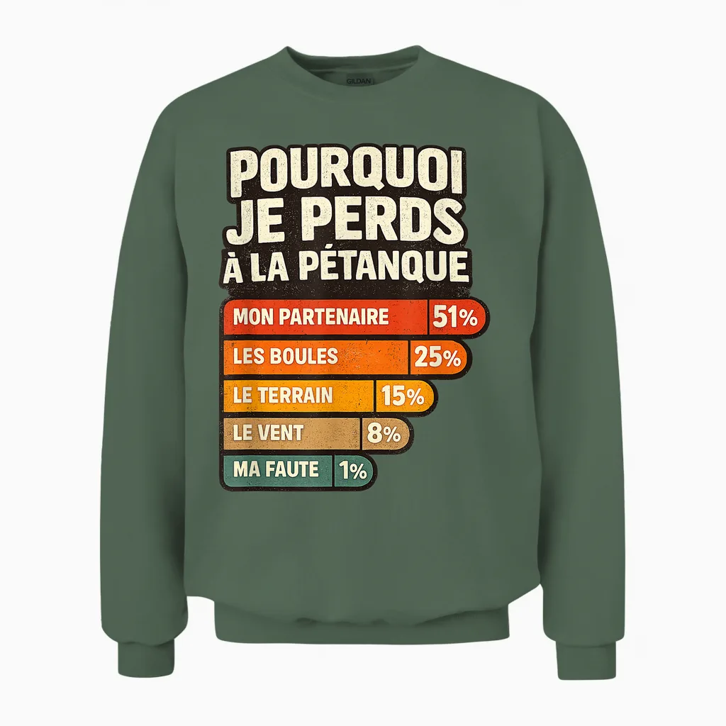 Pourquoi Je Perds à La Pétanque Humour Joueur De Boules Unisex Sweatshirt in Military Green