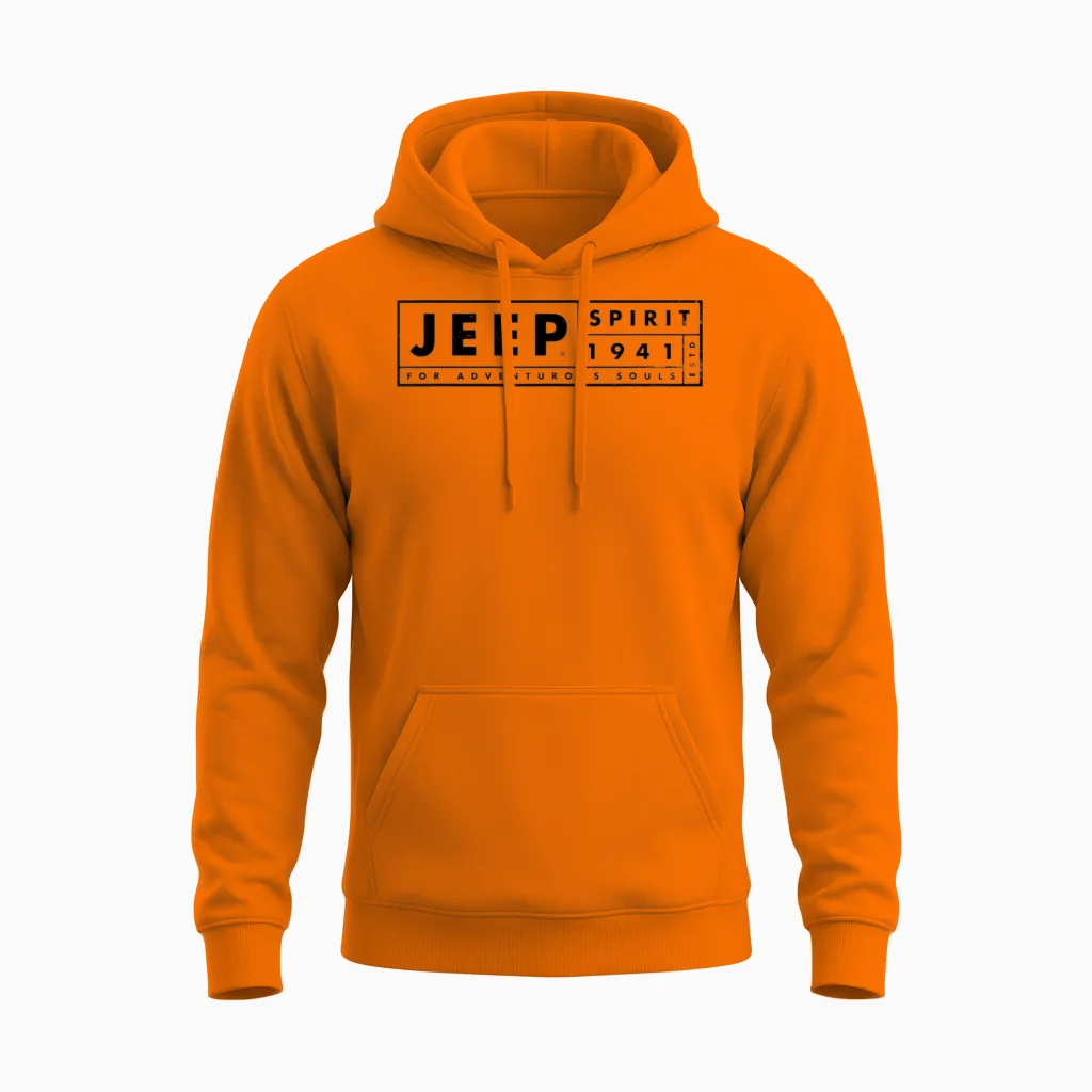 Jeep Spirit 1941 Estd for Adventurous Souls, Dark Logo T-Shirt, White, S Unisex Hoodie in Safety Orange