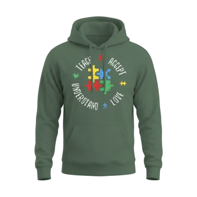 Autism Awareness Teacher Shirt Teach Accept Unisex Hoodie - Military Green