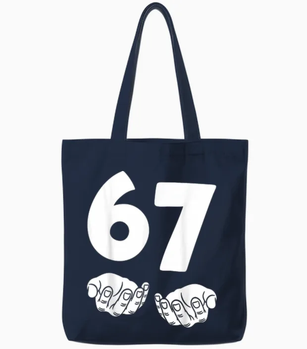 67 Number Sixty-Seven Funny Hands Meme Teen Kid Matching Tote Bags in Navy