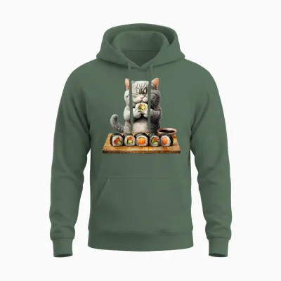 Chats Kawaii Sushi Otaku Chat Drôle Anime Japonais Unisex Hoodie - Military Green