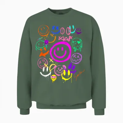 Smile Face Emoticons Fun Vivid Graffiti Smiley Face Graphic T-Shirt, Black, S Unisex Sweatshirt - Military Green
