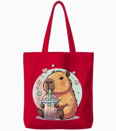 Kawaii Capybara Girls Boba Tea Anime Capibara Lover Cute Tote Bags - Red