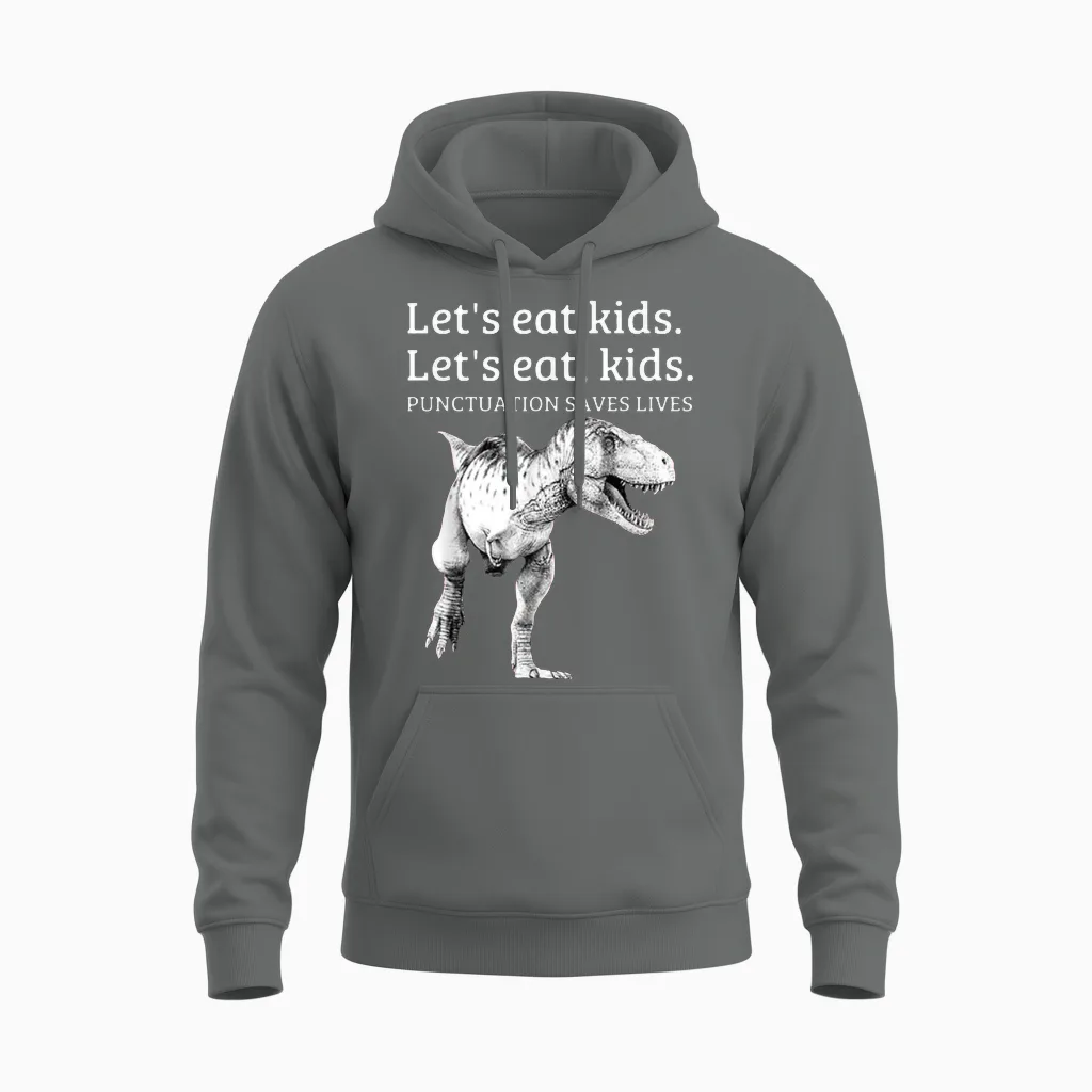 Funny Let's Eat Kids Punctuation Saves Lives Grammar Unisex Hoodie in Graphite Heather