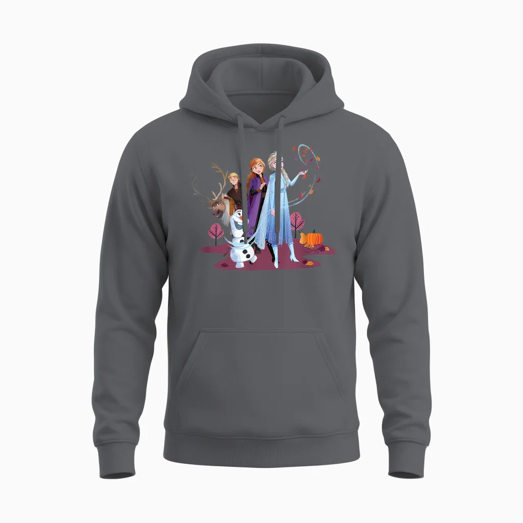 Disney Princess Frozen Elsa Anna Olaf Sven and Kristoff Fall T-Shirt, Black Unisex Hoodie in Charcoal