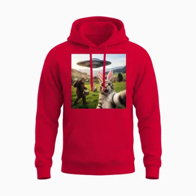 Lustiges Katzen-Selfie Mit Osterhase Bigfoot Ufo Für Männer Frauen Unisex Hoodie - Red