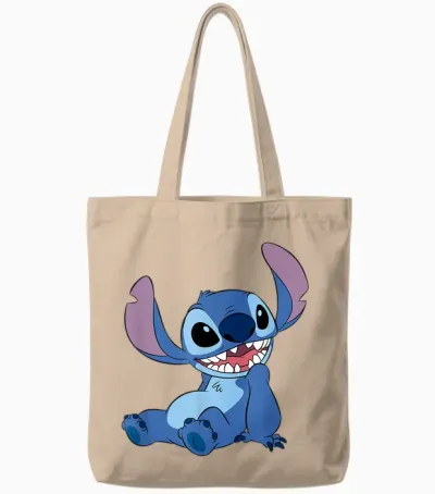 Disney Lilo & Stitch Happy Mood Good Alien Pose Logo T-Shirt, Black Tote Bags - Natural