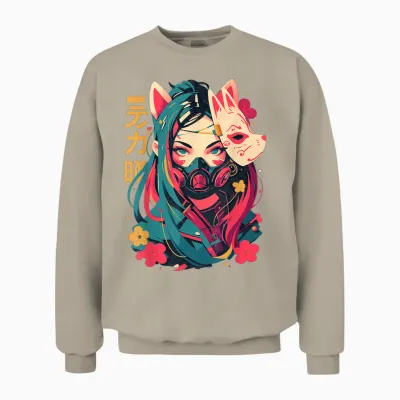 Anime Manga Cyberpunk Aesthetic Techwear Harajuku Kitsune T-Shirt, Black Unisex Sweatshirt - Sand