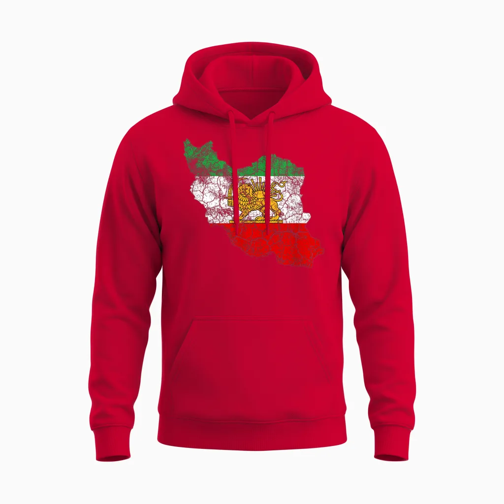 Iran Map with Lion and Sun Emblem, Vintage Persian Heritage Unisex Hoodie in Red