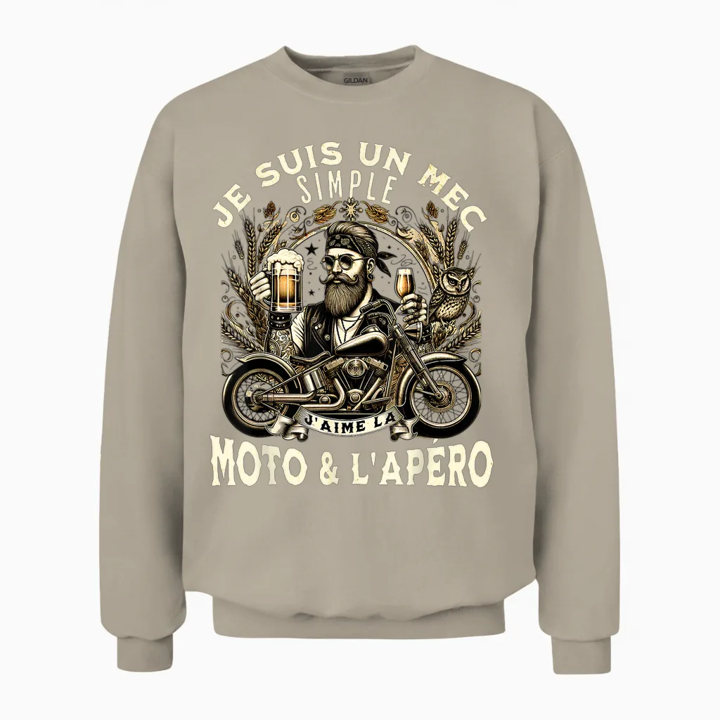 Gift Fan Motorcycle and Aperitif Biker Humour Alcohol Funny T-Shirt, Black, S Unisex Sweatshirt in Sand
