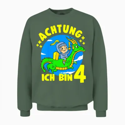 Kinder Drache & Ritter Geburtstagshirt Achtung 4 Jahre Junge Unisex Sweatshirt - Military Green