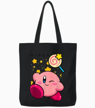 Kirby Lollipop & Stars Big Cute Nintendo Portrait Tote Bags - Black