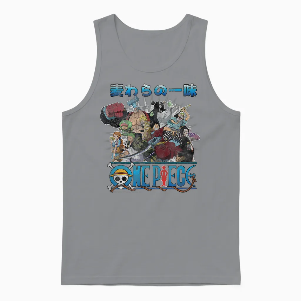 One Piece Anime Retro Straw Hat Crew Cast Collage Unisex Tank Top in Sport Grey