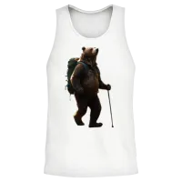 Backpacking Bear with Hiking Stick Unisex Tank Top - White – 2