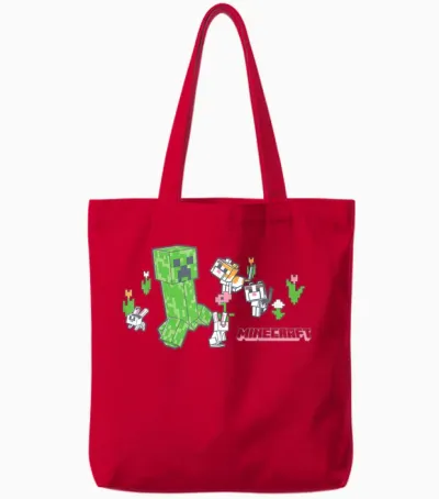 Minecraft Creeper with Bunnies and Cats Pixel Garden Tote Bags - Red