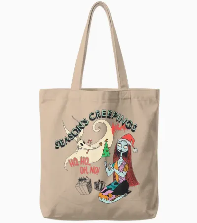 Amazon Essentials Men's Nightmare Before Christmas Sally and Zero Season’s Creepings T-Shirt, Grey Graphic Print, Small Tote Bags - Natural