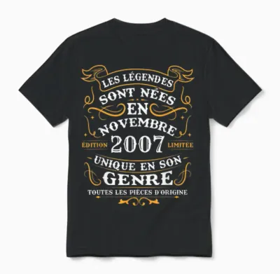 Vintage Birthday Gift 18 Years Born in November 2007 Unisex T-Shirt - Black