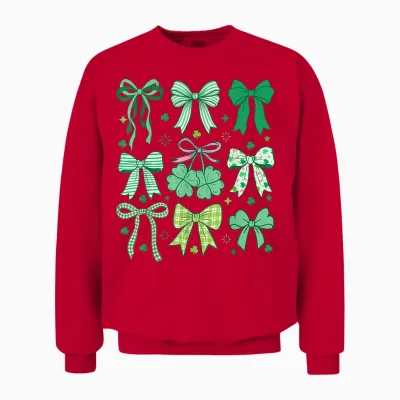 Cute Green Shamrock Bow Coquette St Patricks Day Unisex Sweatshirt - Red
