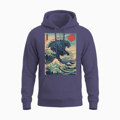 Kaiju Monster Japanese Style Art Great Wave off Kanagawa Unisex Hoodie - Heather Sport Dark Navy