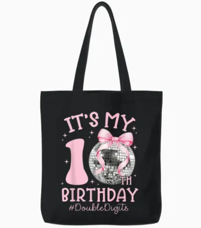 It's My 10th Birthday Girl Double Digits Bow Disco Ball Tote Bags - Black