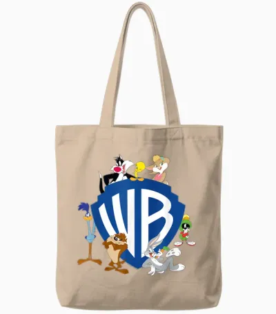 Wb 100: Looney Tunes Wb Shield Logo with Bugs, Taz, Tweety T-Shirt, Gray Tote Bags - Natural