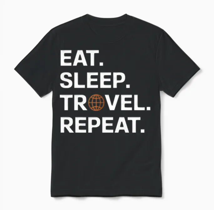 Eat Sleep Travel Repeat Unisex T-Shirt in Black