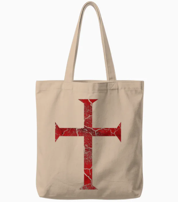 Distressed Deus Vult Knights Templar Cross Crusader Tote Bags in Natural