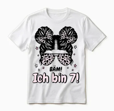 Kids 7th Birthday Girl Messy Bun Bäm! I Am Seven Unisex T-Shirt - White