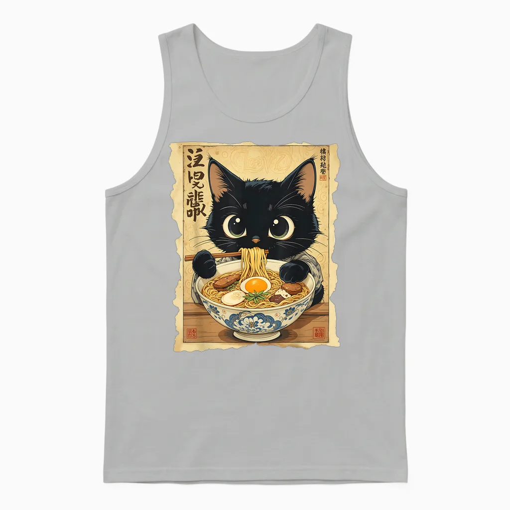 Japanese Ramen Noodles Manga Ramen Kawaii Cat Unisex Tank Top in Ash