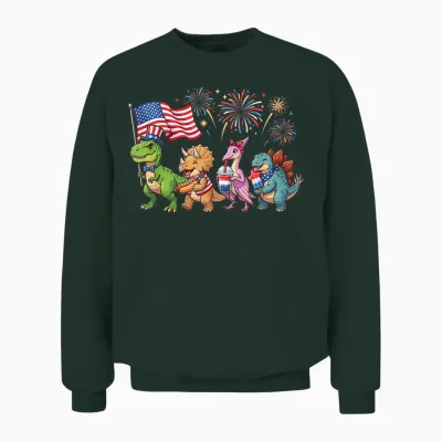 Patriotic Dinosaurs Fireworks T-Rex Triceratops 4th of July Unisex Sweatshirt - Forest