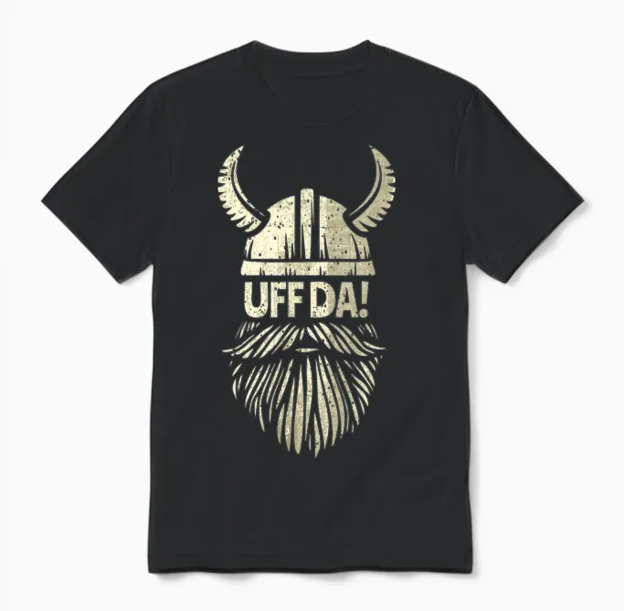 Uff Da Norwegian Quote Scandinavian Viking Helmet Beard Man Unisex T-Shirt in Black