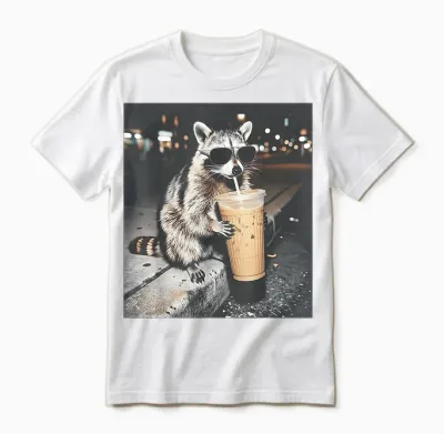 Raccoon Drinking Iced Coffee Funny Animal Meme Men Women Unisex T-Shirt - White