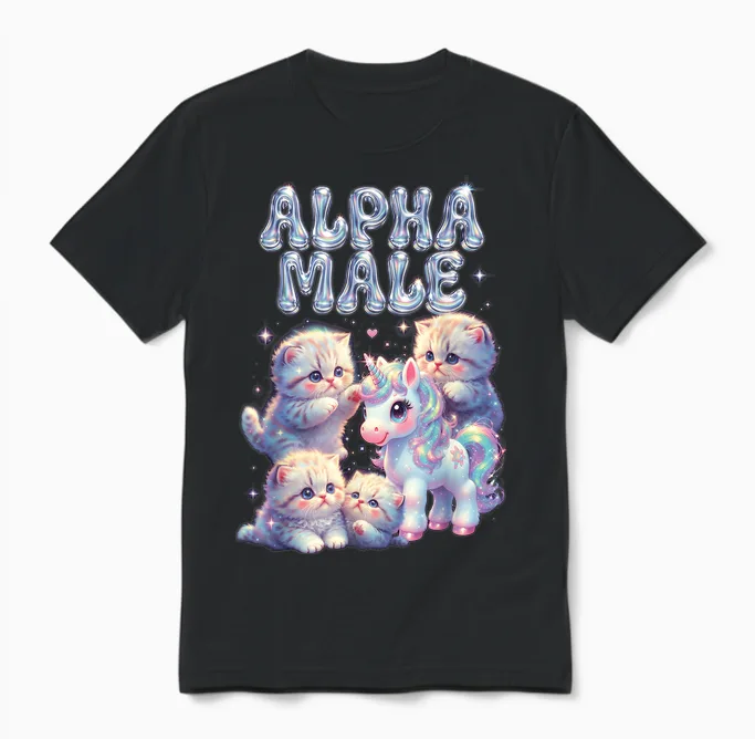 Unicorn Alpha Cat Male Lovers Gift Unisex T-Shirt in Black